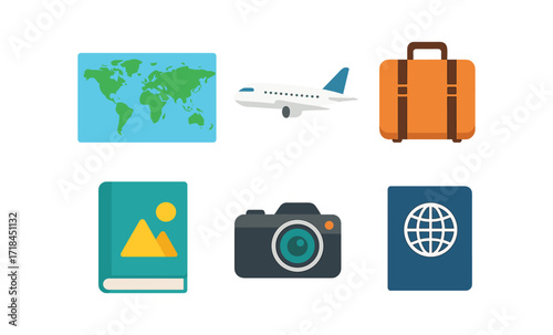 Vibrant travel icons with world map, airplane, and essentials in glowing design