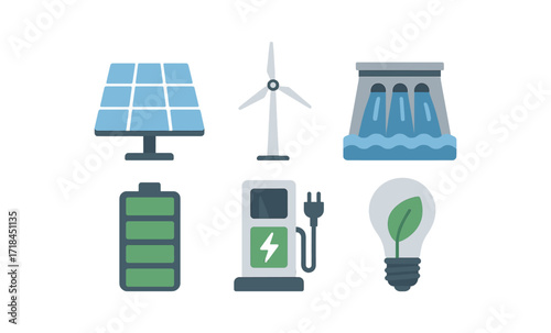 Renewable energy icons featuring wind turbine, solar panel, and green battery in glowing style