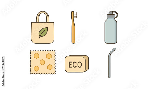 Eco-friendly lifestyle icons featuring reusable and sustainable products on gradient background