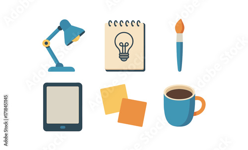 Creative workspace essentials: lamp, light bulb, painting tools, tablet, sticky notes, coffee