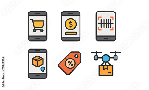 Digital shopping icons: mobile commerce and delivery symbols