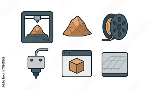 3d printing icons: flat style designs featuring printer, filament, and cube