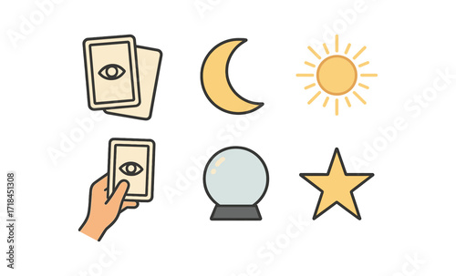 Mystical tarot and celestial symbols with atmospheric glow