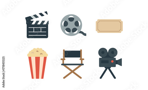 Neon cinema icons: clapperboard, film reel, popcorn, ticket, director chair, camera