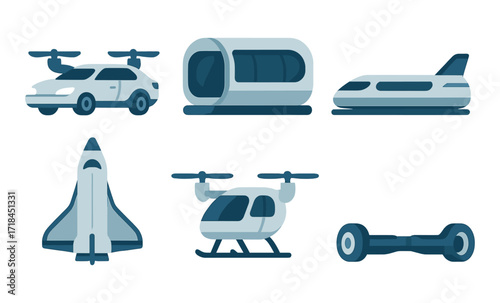 Futuristic transportation concepts: cars, trains, pods, and drones in a modern design