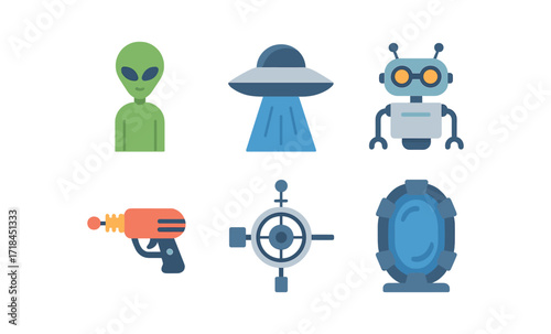 Futuristic icons set: alien, ufo, robot, and sci-fi tech elements in glowing style