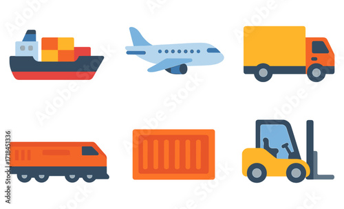 Glowing transport icons with neon effect: plane, ship, truck, train, container, forklift