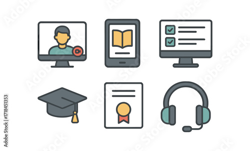 E learning icons: online education, digital certification, and virtual classroom elements