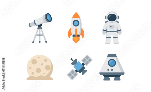 Stylish space exploration icons featuring rocket, astronaut, telescope, moon, satellite