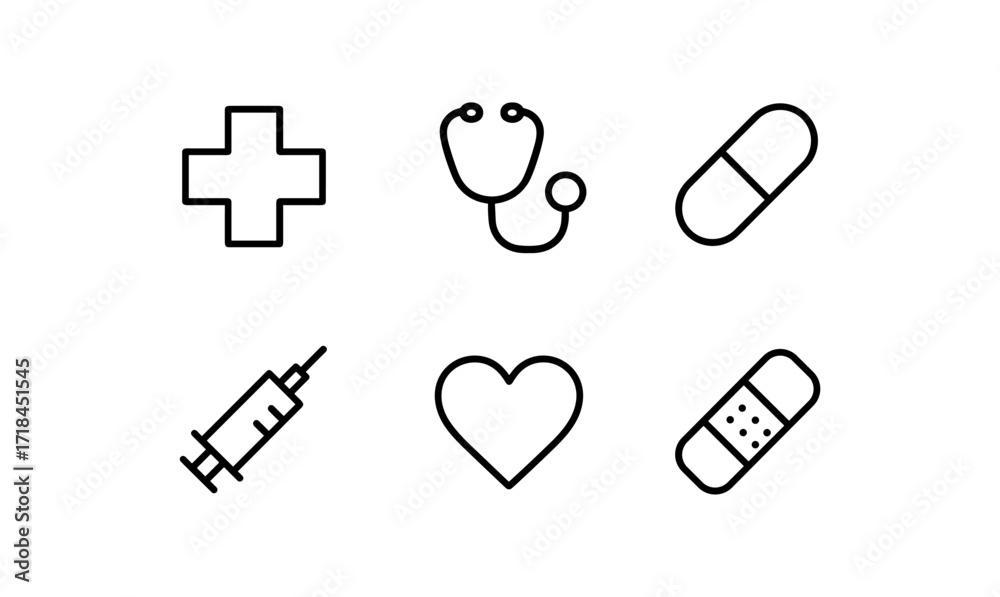 Obraz premium Minimalist medical icons set: healthcare, medicine, pharmacy