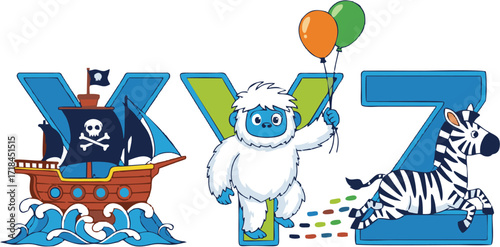 Colorful cartoon alphabet letters X, Y, Z with a pirate ship, friendly yeti, and a running zebra for kids' education