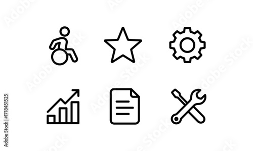 Minimalist icon set for accessibility, favorites, and tools in black outline style