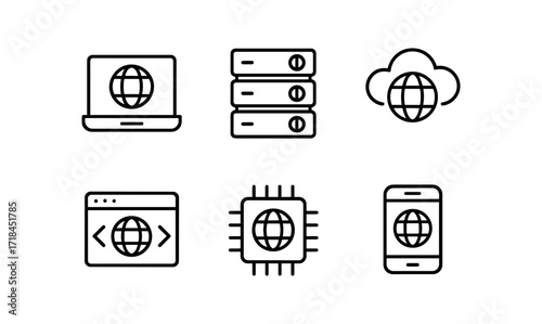Linear icons representing global technology and networking concepts