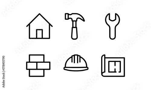Minimalist construction tools and building linear icon set for websites and apps