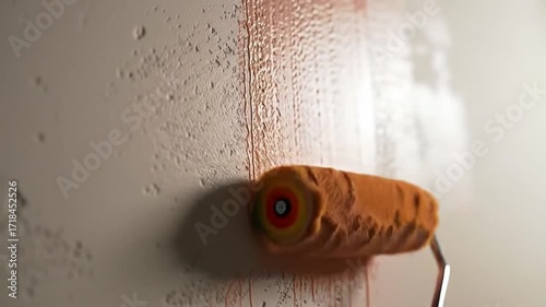 Painting a wall with a roller, applying paint to the surface.