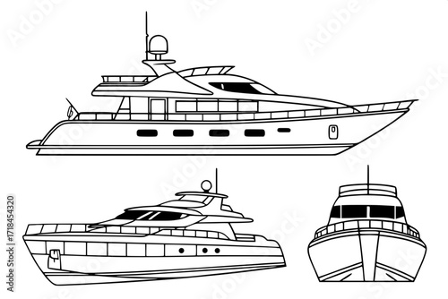 Technical-style yacht illustrations, seven variations in shape and size, black lines only, clean composition.