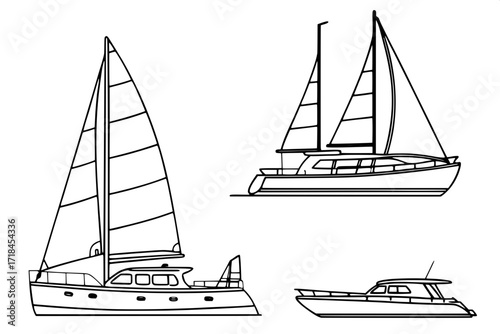 Technical-style yacht illustrations, seven variations in shape and size, black lines only, clean composition.