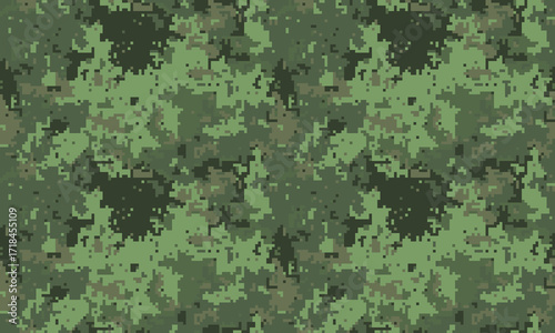 Seamless digital camouflage pattern.  Perfect for military, hunting, gaming, or fashion design.  Subtle yet effective, this pixelated texture blends seamlessly into various backgrounds.
