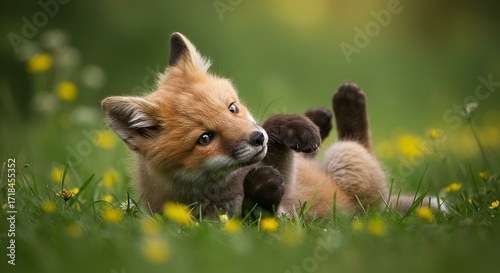 Cute red fox kit in grassy field