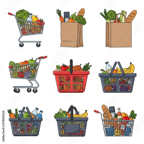 Grocery Store Shopping Essentials - Carts, Bags, Baskets with Food Flat Vector Illustrations