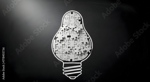 Glühbirne Aus Puzzleteilen Auf Kreidetafel, Symbol Für Ideenfindung