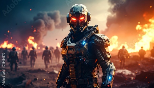 Futuristic Soldier in Combat Zone with Explosions.