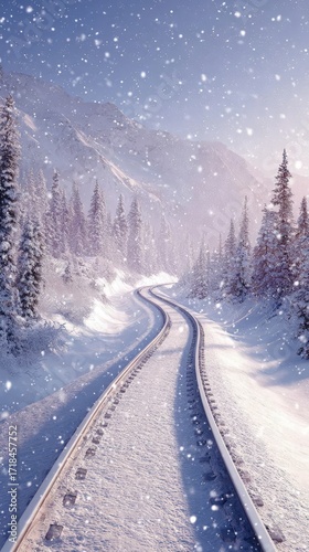 Snowy Train Tracks Through Mountain Forest