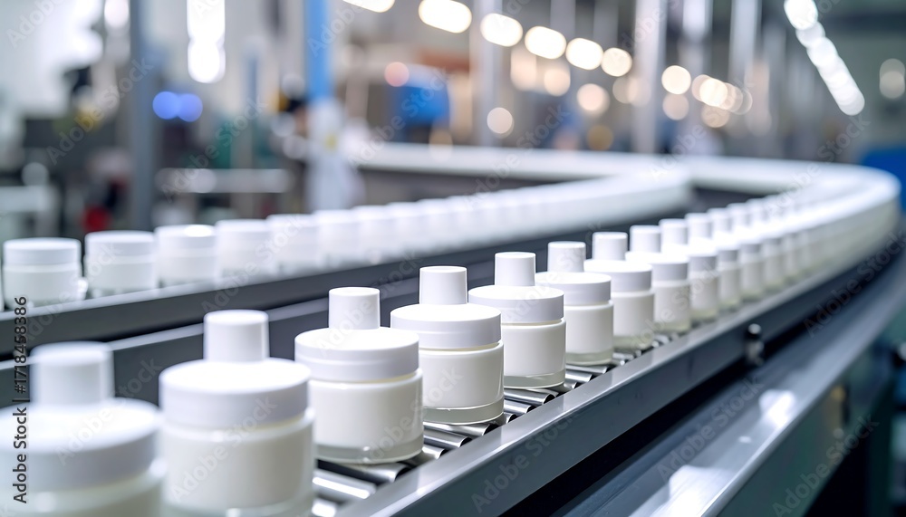 Fototapeta premium Cream jars on an automated production line