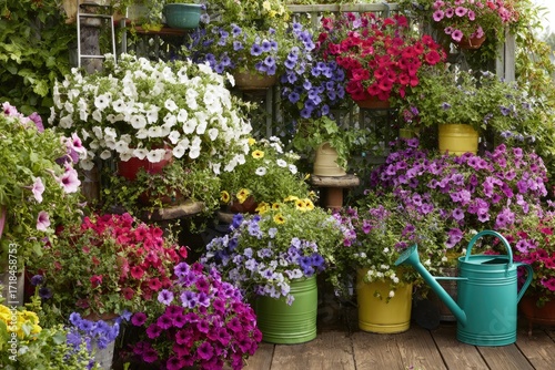 Colorful petunias in various planters and hanging baskets.