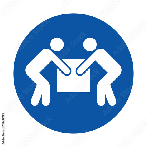 Two people lifting a box together in a teamwork symbol on blue background