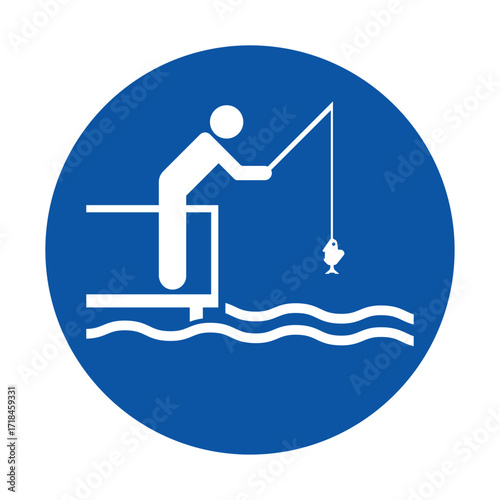 Fisherman Catching Fish from a Dock on a Blue Circular Background