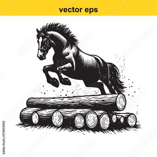 Vector art of a horse jumping over logs in black and white