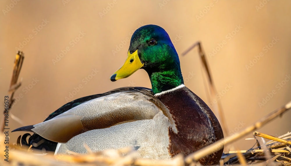 Obraz premium Male duck resting in reeds