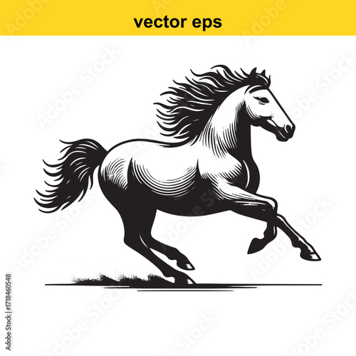 Vector art of running horse vector illustration in engraving style