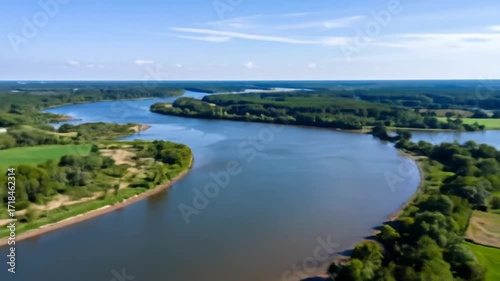 Wallpaper Mural Aerial View of Wide River Flowing Through Lush Green Forest Under Blue Sky Landscape Photography Drone Shot Scenic Peaceful Outdoor Sunny Day Torontodigital.ca