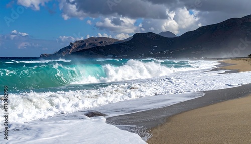 Dramatic waves crash on sandy shore, mountains in background