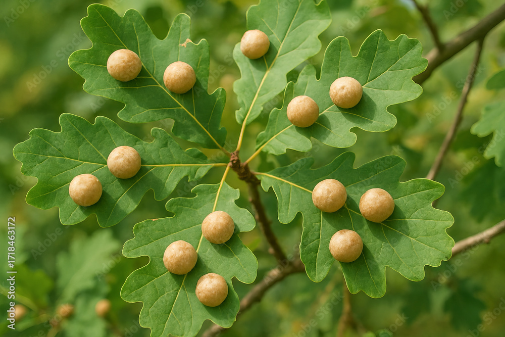 Fototapeta premium Oak leaf galls on lush green leaves in natural forest environment. concept of nature's curiosities, plant biology, forest ecosystem diversity