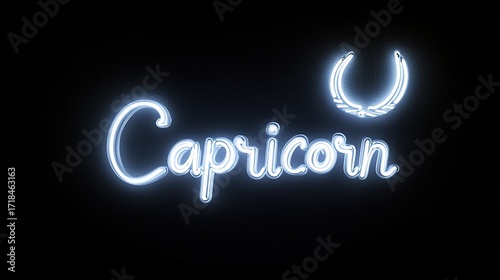 The Capricorn neon sign glows with celestial elegance on a canvas of midnight. The graceful illumination of this astrological symbol radiates charm and sophistication. Stock Image.