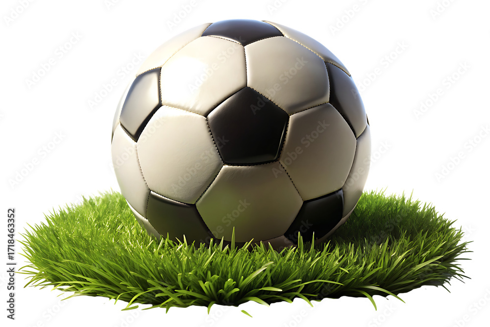 Obraz premium Classic cutout png black and white soccer ball resting on vibrant green grass isolated on a transparent background