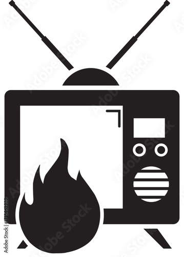 An old-fashioned television caught fire