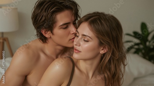 Intimate indoor couple kissing amid warm lighting