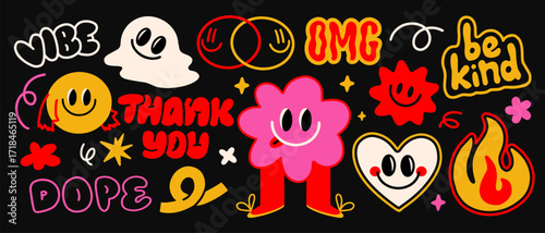 Retro funky sticker set. Vintage groovy badges with smiley faces, hearts, and playful slogans. Design elements for print and social media. Flat vector illustration collection