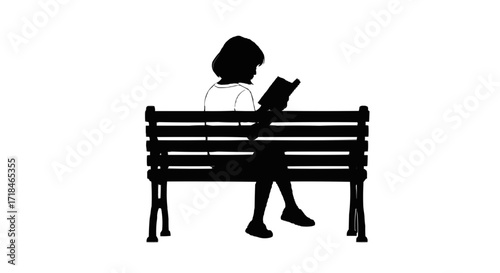 Serene Scene of a Reader: Silhouette of a Young Woman Absorbed in a Book on a Park Bench, Lost in Thought, Enjoying a Peaceful Moment, A Simple Elegant Image for Relaxation Concepts