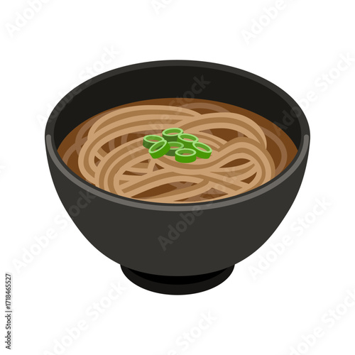 Kake soba in black bowl - flat vector illustration, Japanese food icon