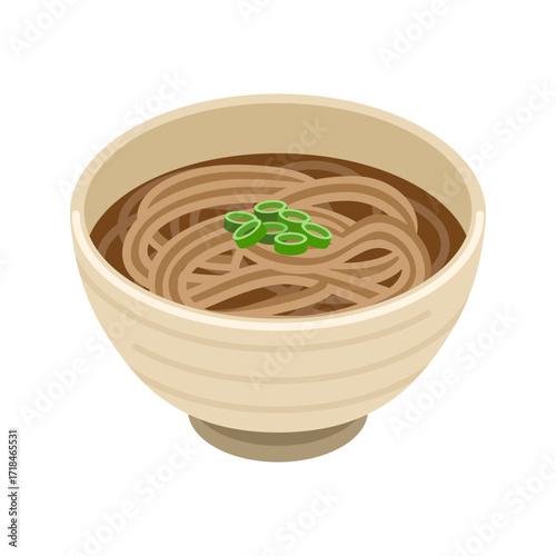 Kake soba in ochre bowl - flat vector illustration, Japanese food icon