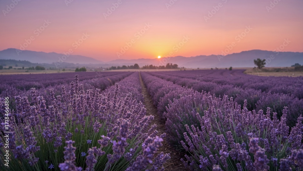 Obraz premium Dreamy lavender field at sunset over hills