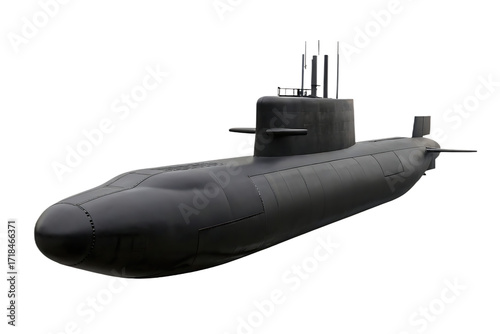 Military submarine side view on white background isolated on a transparent background