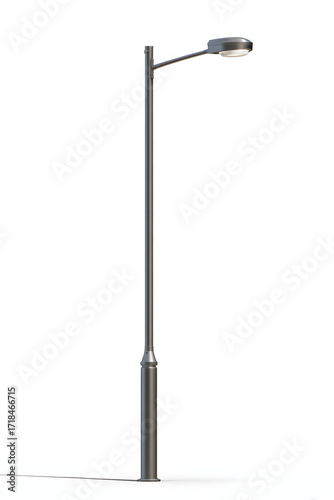 Modern urban streetlight with sleek metal pole and LED head, minimalistic design, isolated on white