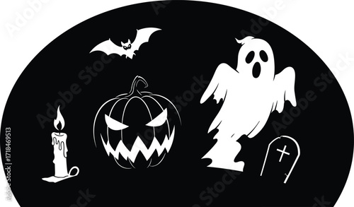 Halloween, silhouette, ghost, pumpkin, bat, candle, gravestone, RIP, spooky, scary, creepy, eerie, icon, vector, illustration, black, white, night, holiday, theme