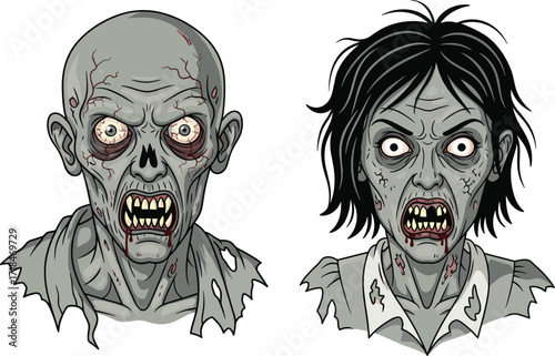 zombie, cartoon, horror, undead, monster, duo, scary, creepy, Halloween, infected, wounds, bulging eyes, grotesque, stylized, illustration, vector, character, design, bloodshot, expression, eerie